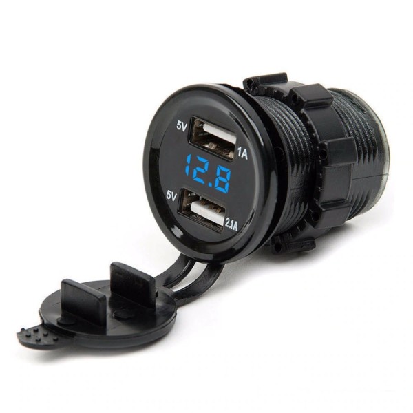 Moto socket USB charger x 2 and digital voltmeter, blue led, black color, model II